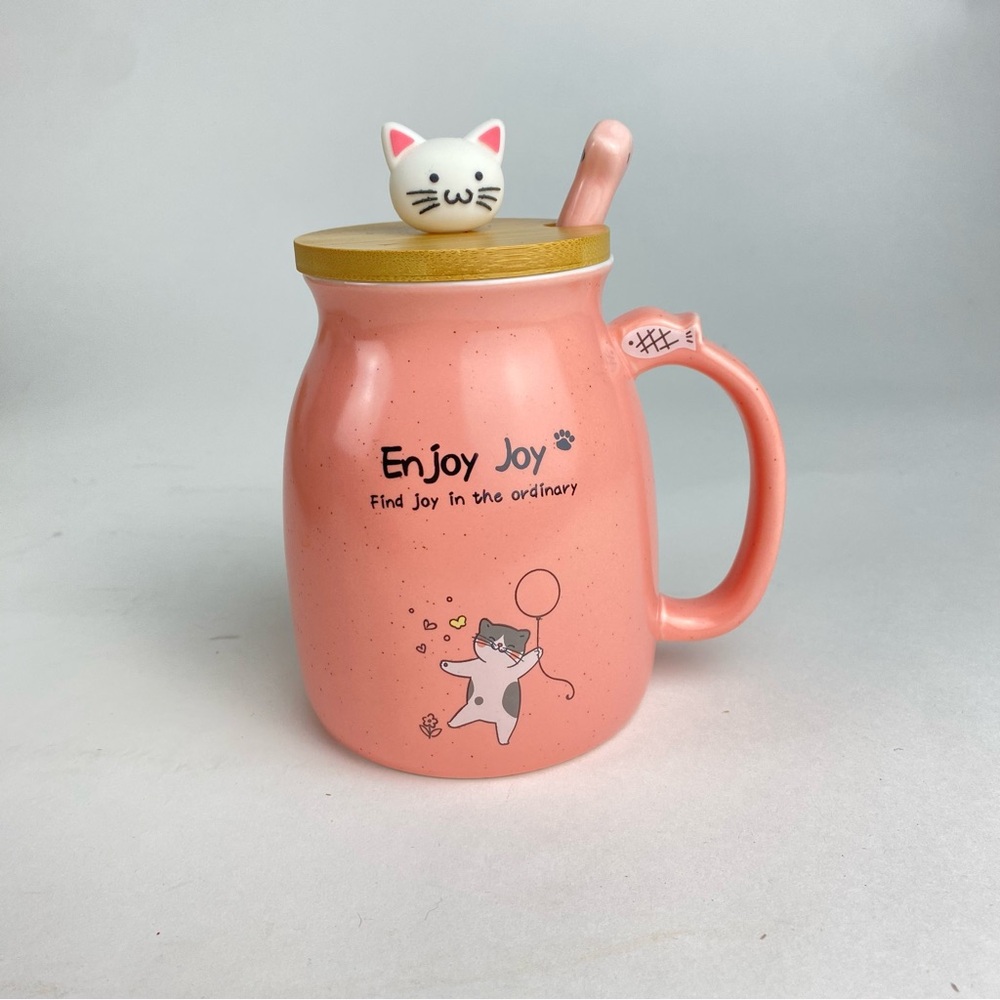 Cute Pink Cat Mug with Lid and Spoon